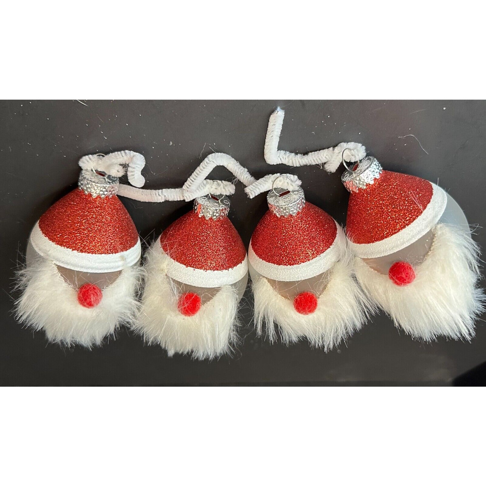 Santa Claus/Gnome Ornaments, Glitter Hats. Set of 4 Red/White